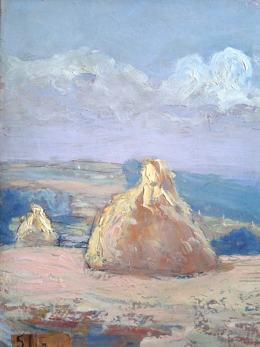 Jean DREVON (1889-1979) huile sur bois paysage meules de foin 1947-photo-3