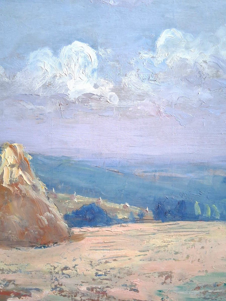 Jean DREVON (1889-1979) huile sur bois paysage meules de foin 1947-photo-4
