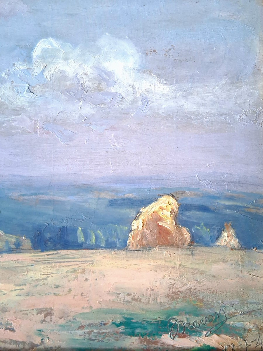 Jean DREVON (1889-1979) huile sur bois paysage meules de foin 1947-photo-1