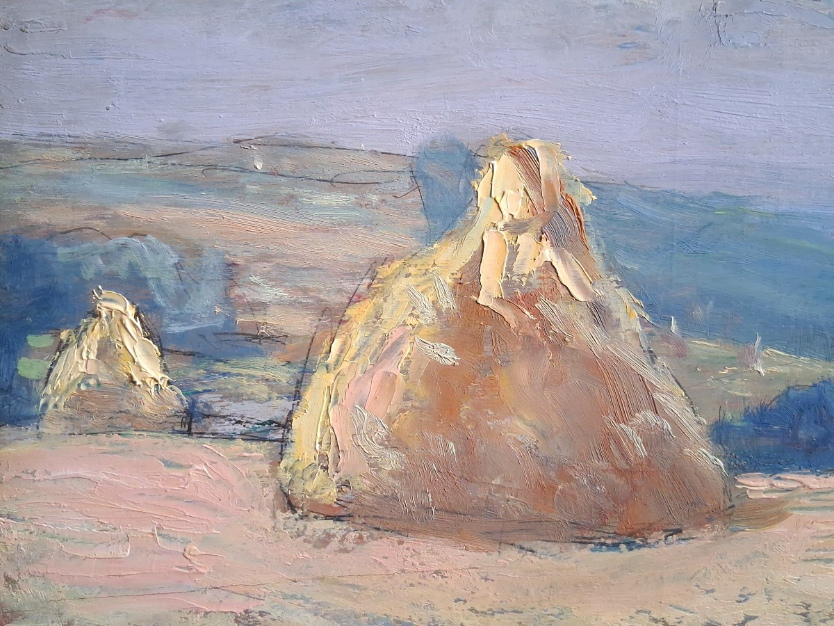 Jean DREVON (1889-1979) huile sur bois paysage meules de foin 1947-photo-2