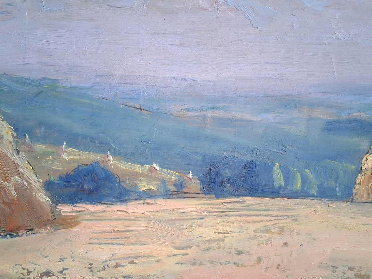 Jean DREVON (1889-1979) huile sur bois paysage meules de foin 1947-photo-3