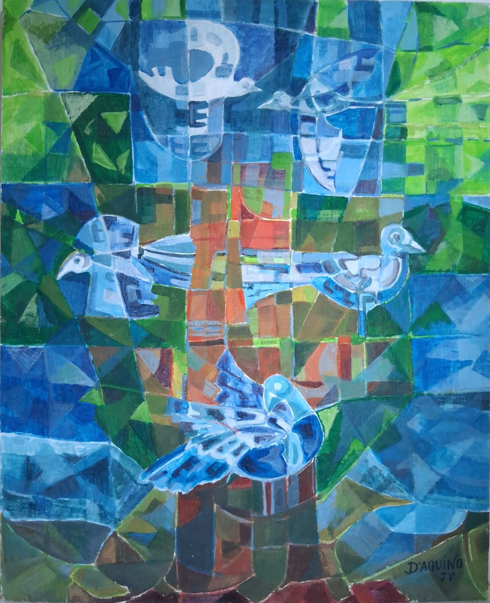 Huile sur toile composition aux oiseaux D'AQUINO 1978-photo-2