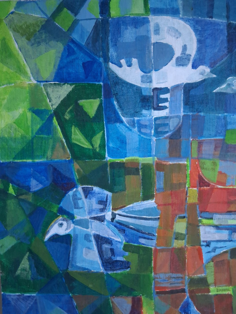 Huile sur toile composition aux oiseaux D'AQUINO 1978-photo-3