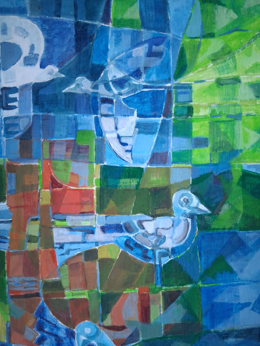 Huile sur toile composition aux oiseaux D'AQUINO 1978-photo-4