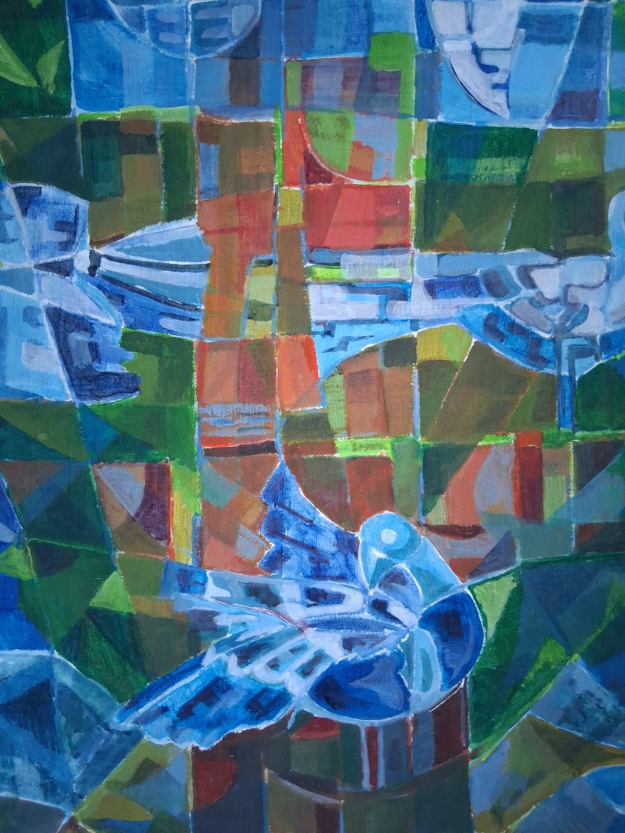 Huile sur toile composition aux oiseaux D'AQUINO 1978-photo-2