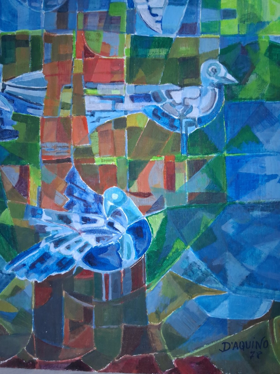 Huile sur toile composition aux oiseaux D'AQUINO 1978-photo-3