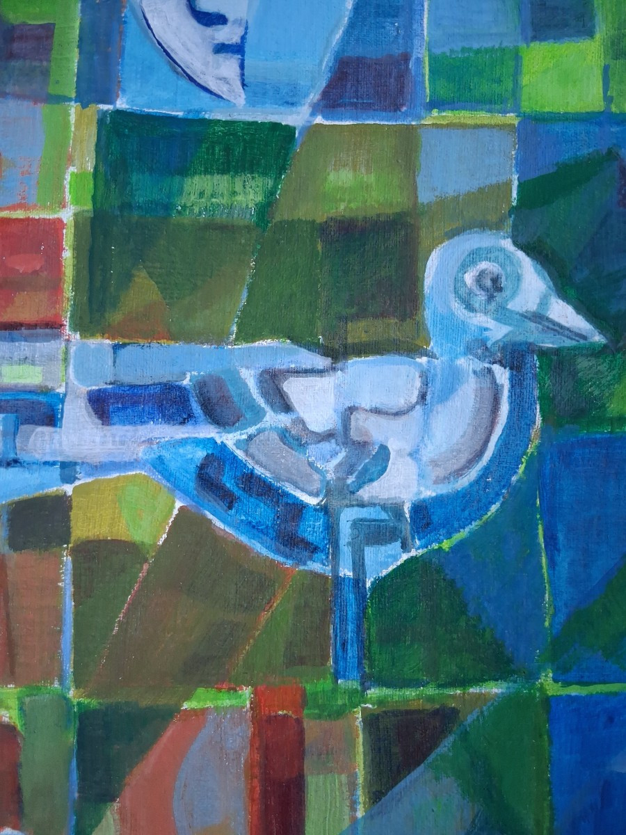 Huile sur toile composition aux oiseaux D'AQUINO 1978-photo-5