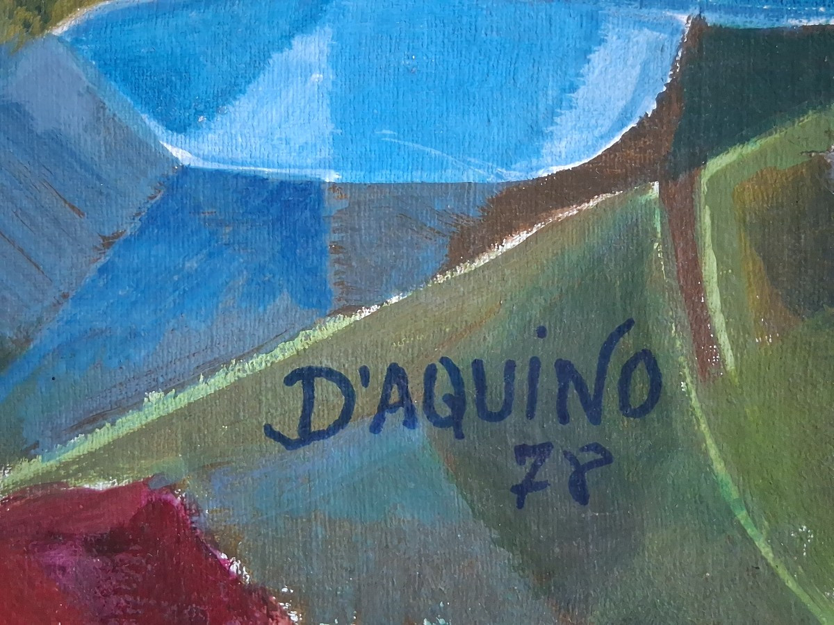 Huile sur toile composition aux oiseaux D'AQUINO 1978-photo-7