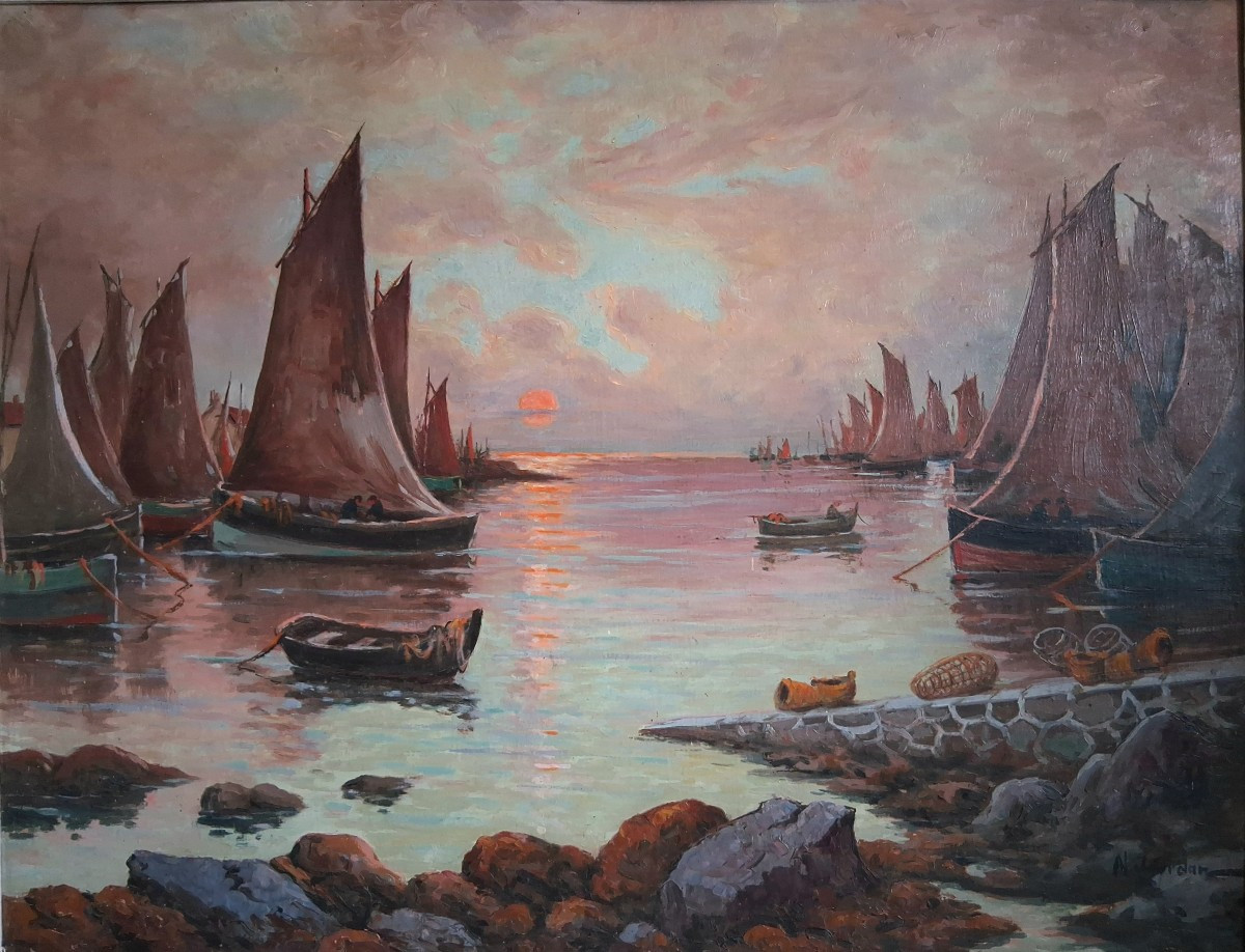 Oil On Wood Seascape Harbor At Dusk Noël Jourdan And Paul-gabriel Mouret-photo-2
