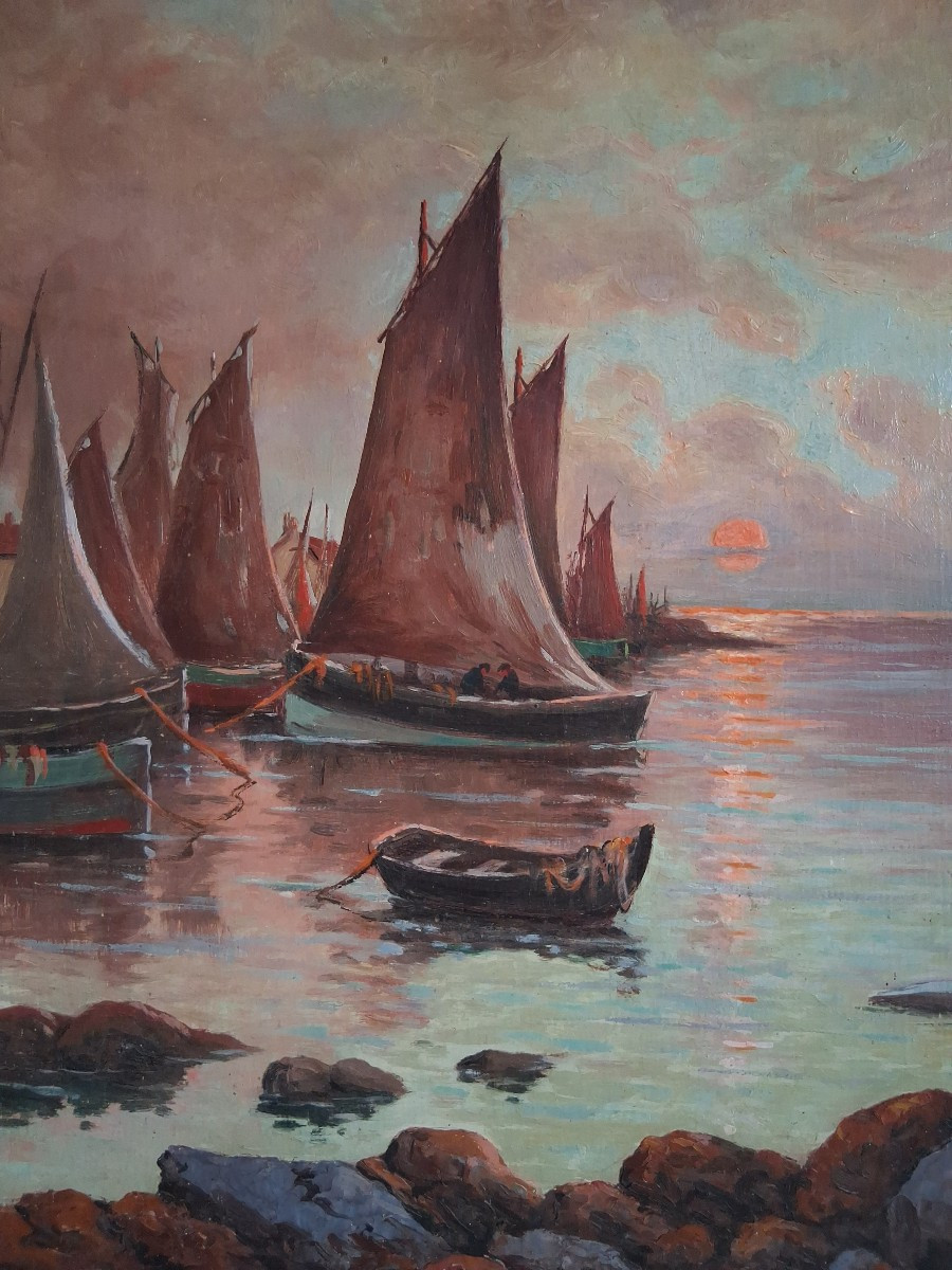 Oil On Wood Seascape Harbor At Dusk Noël Jourdan And Paul-gabriel Mouret-photo-3