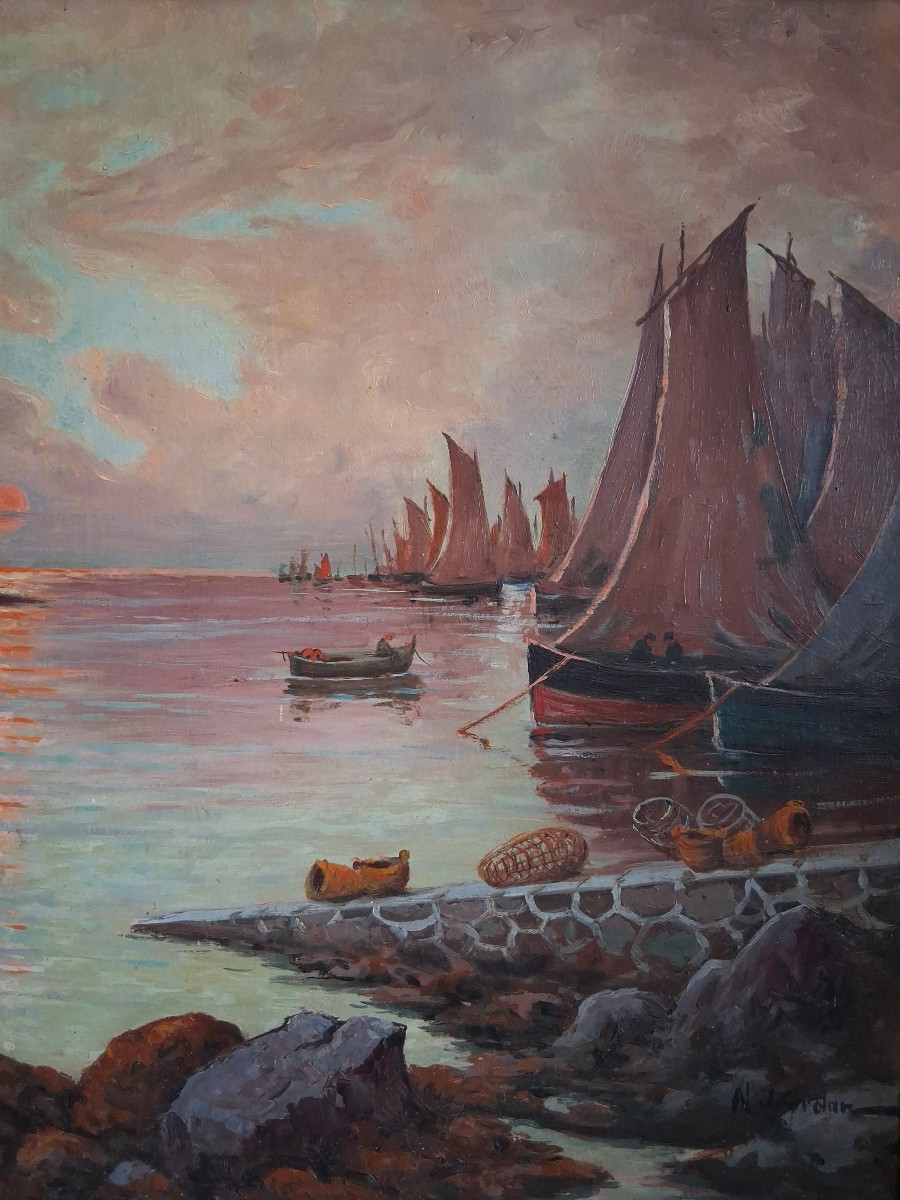 Oil On Wood Seascape Harbor At Dusk Noël Jourdan And Paul-gabriel Mouret-photo-1