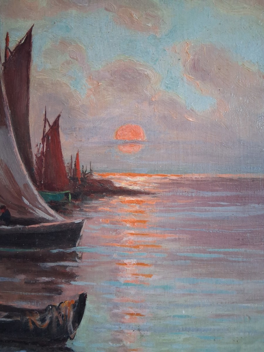 Oil On Wood Seascape Harbor At Dusk Noël Jourdan And Paul-gabriel Mouret-photo-3