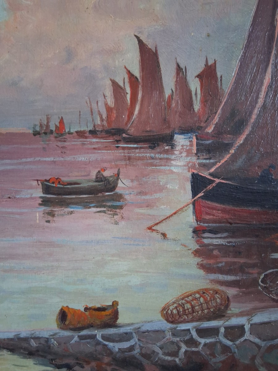 Oil On Wood Seascape Harbor At Dusk Noël Jourdan And Paul-gabriel Mouret-photo-5