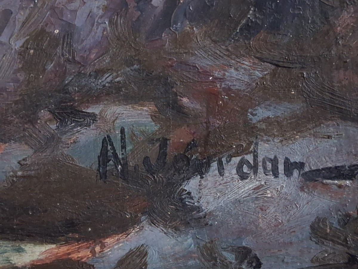 Oil On Wood Seascape Harbor At Dusk Noël Jourdan And Paul-gabriel Mouret-photo-6