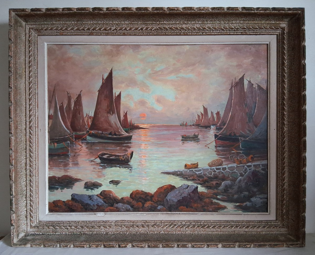 Oil On Wood Seascape Harbor At Dusk Noël Jourdan And Paul-gabriel Mouret