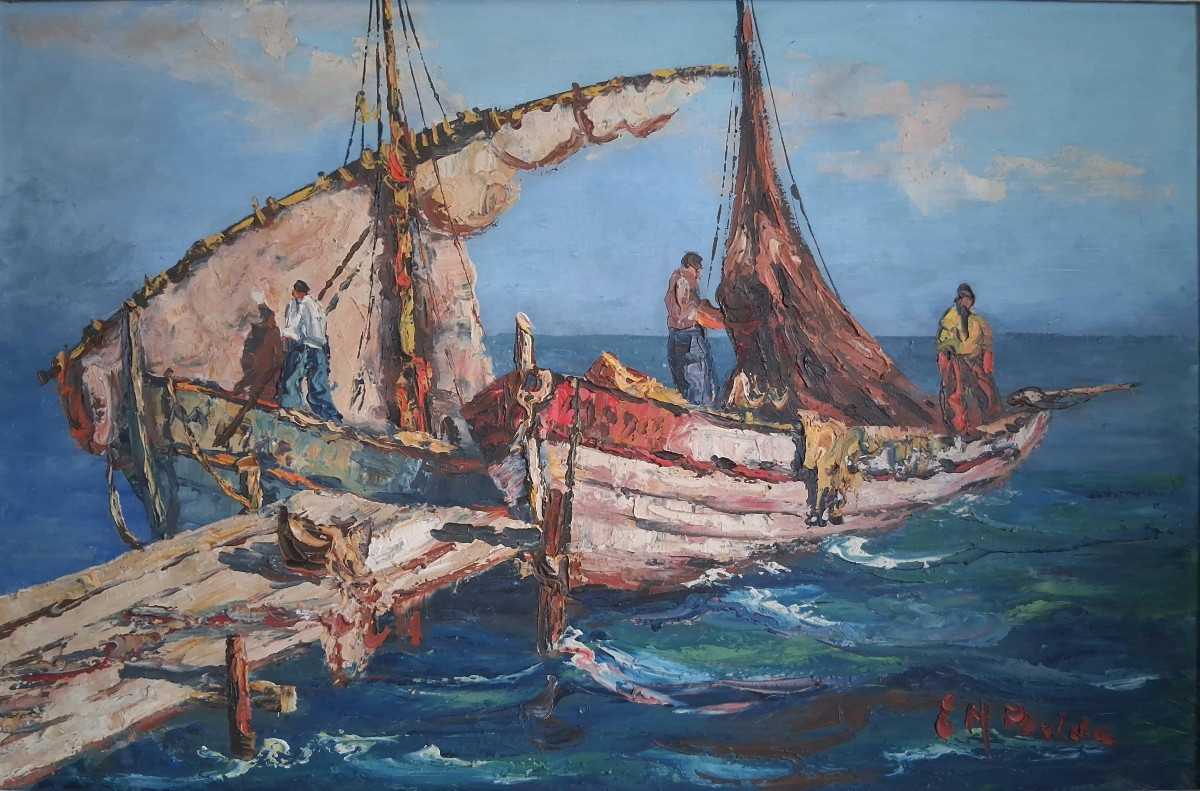 Huile sur toile marine retour de pêche (signé)-photo-2