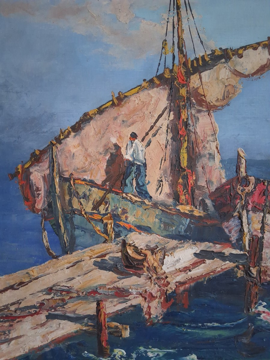 Huile sur toile marine retour de pêche (signé)-photo-3