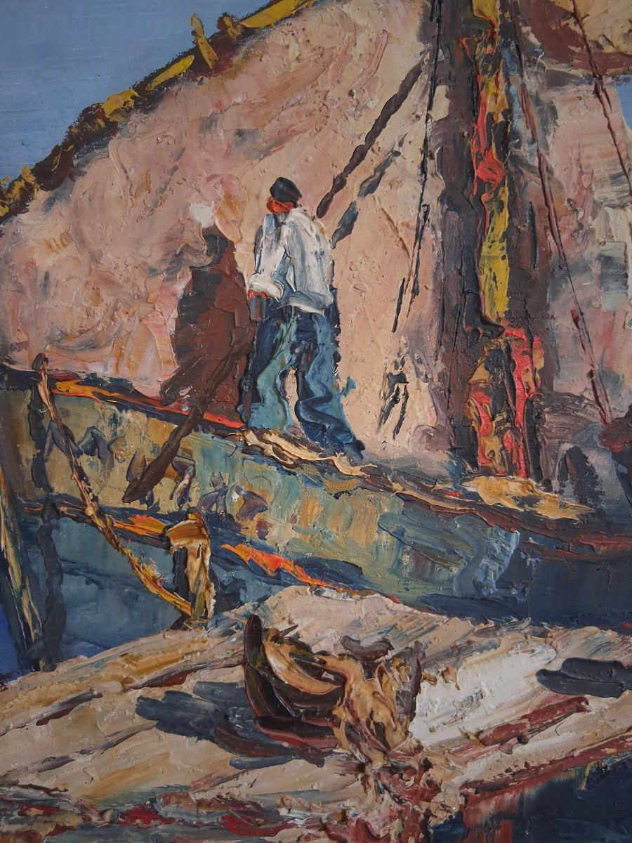 Huile sur toile marine retour de pêche (signé)-photo-1