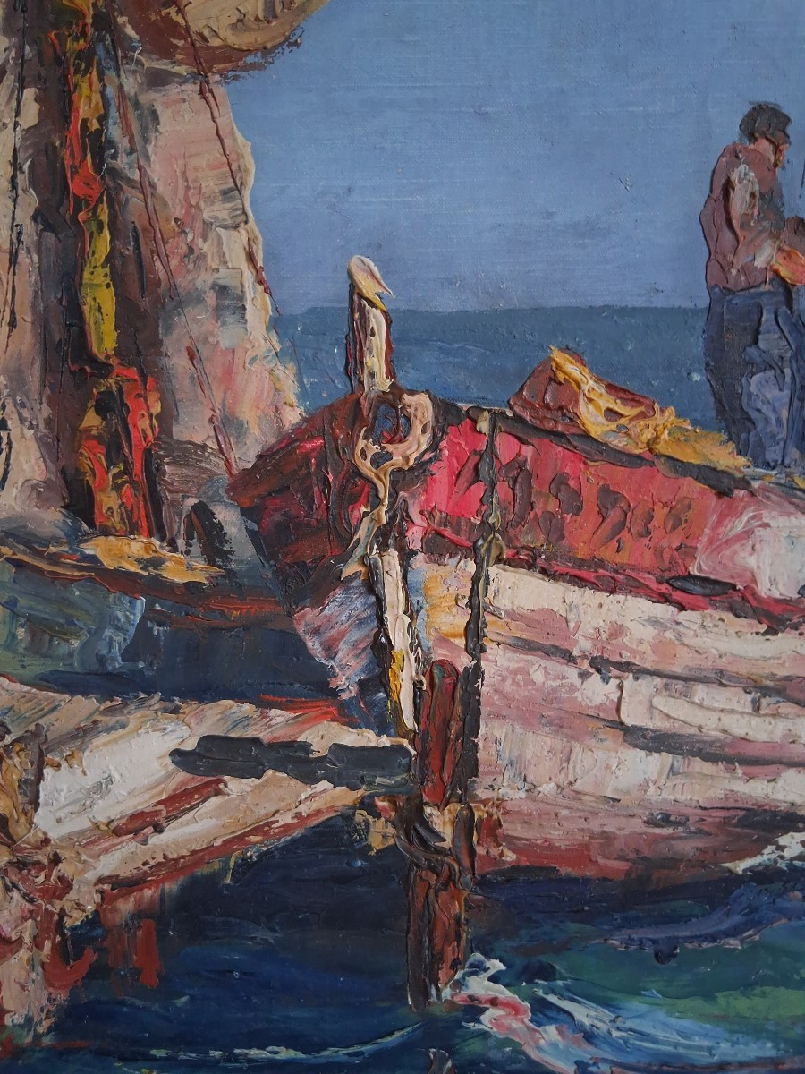 Huile sur toile marine retour de pêche (signé)-photo-2