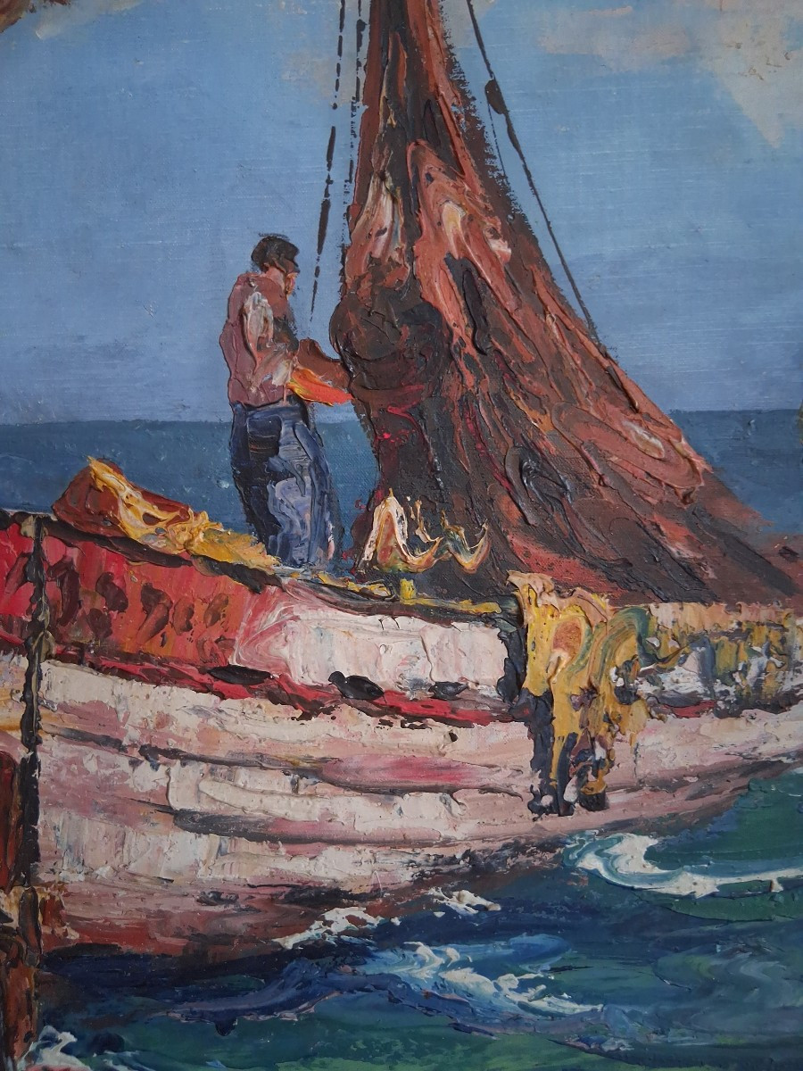 Huile sur toile marine retour de pêche (signé)-photo-3