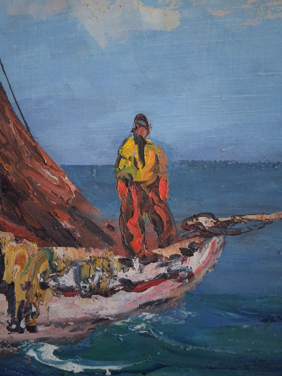 Huile sur toile marine retour de pêche (signé)-photo-4