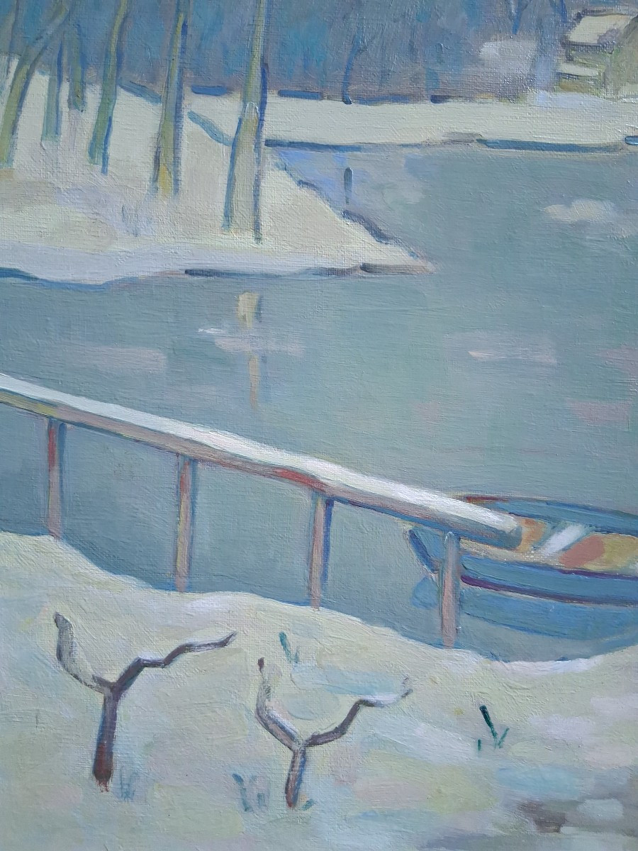 Jean Dumoncept "winter In The Countryside" Winter Lakeside Landscape, Oil On Canvas-photo-3