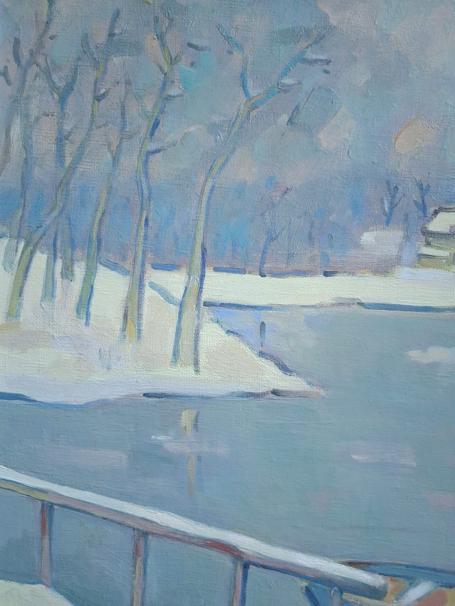 Jean Dumoncept "winter In The Countryside" Winter Lakeside Landscape, Oil On Canvas-photo-4