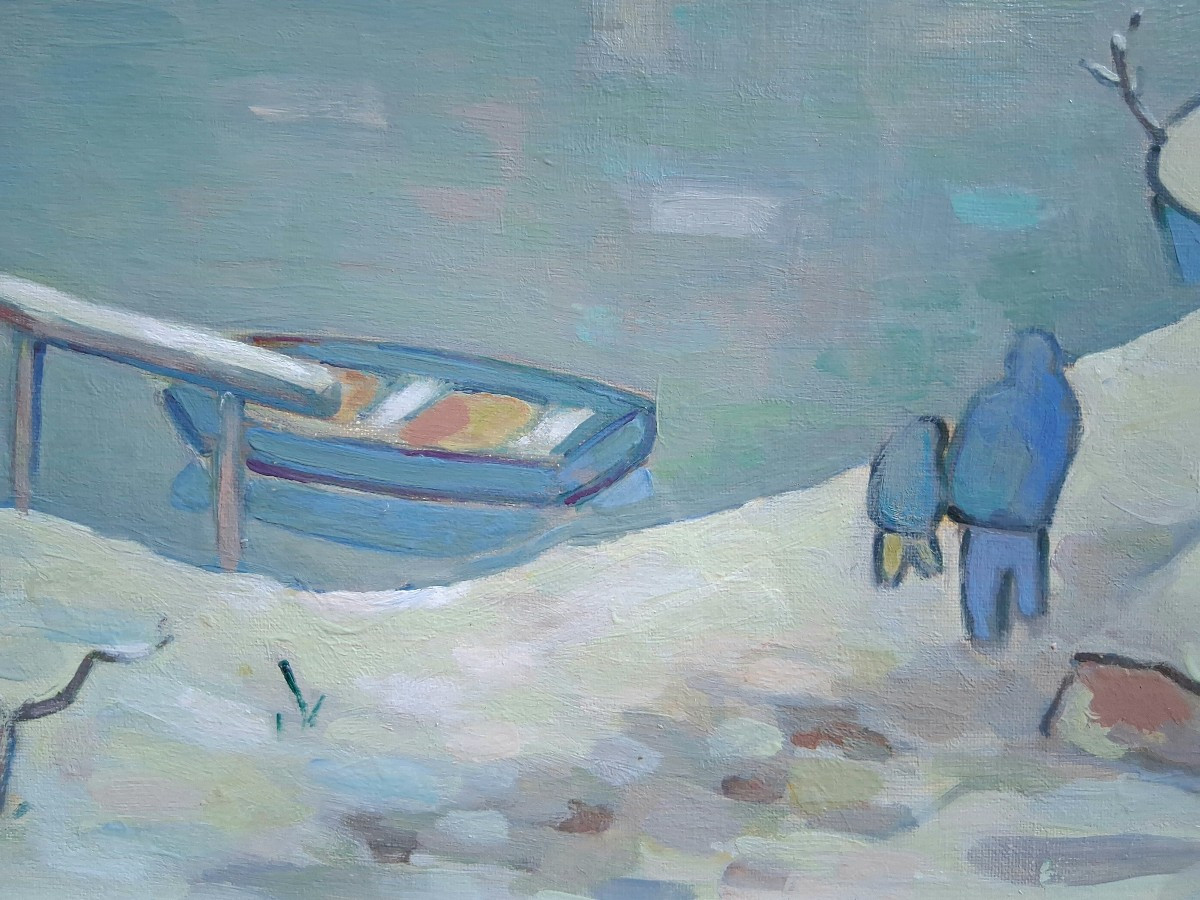 Jean Dumoncept "winter In The Countryside" Winter Lakeside Landscape, Oil On Canvas-photo-1