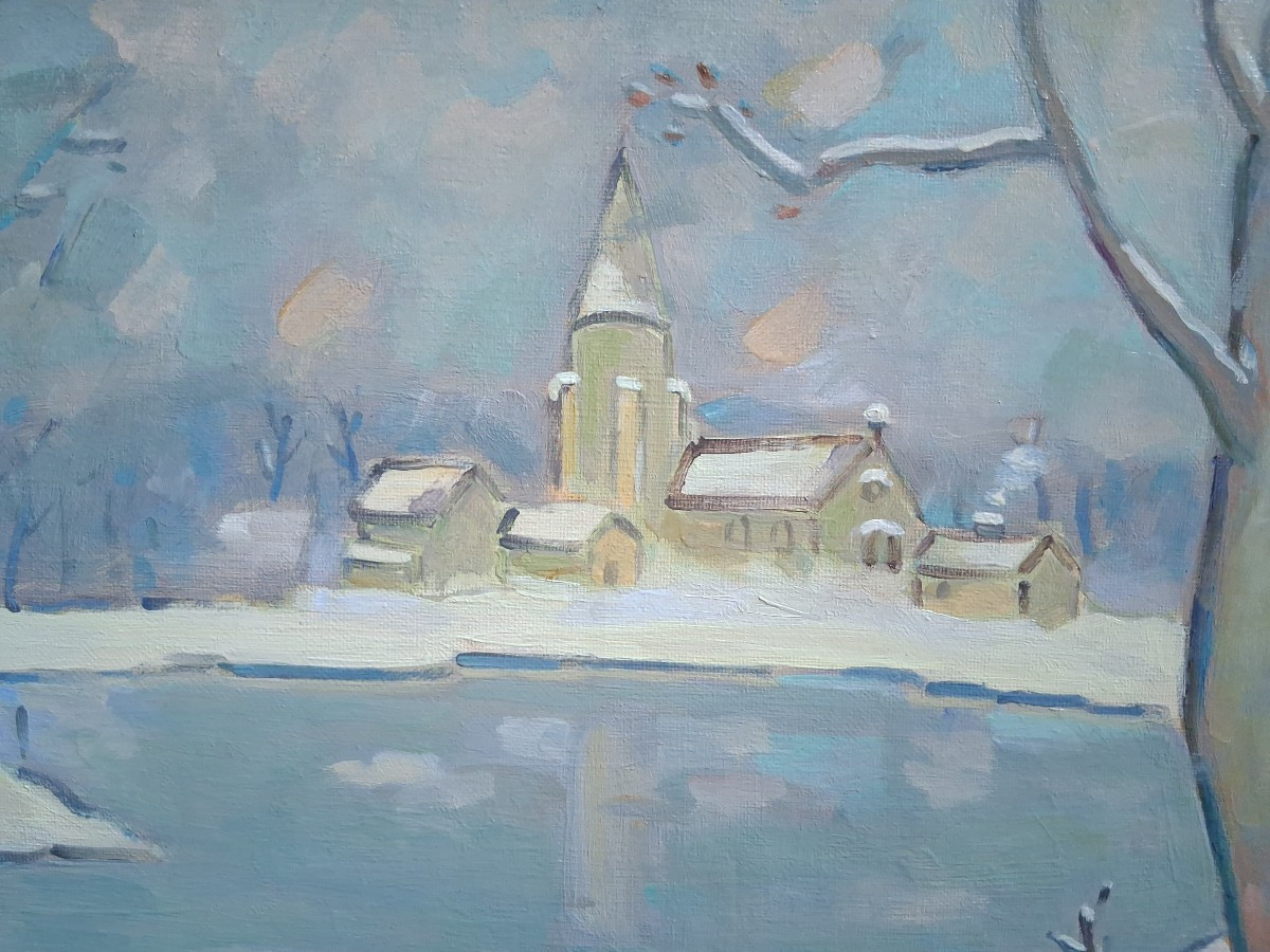 Jean Dumoncept "winter In The Countryside" Winter Lakeside Landscape, Oil On Canvas-photo-3