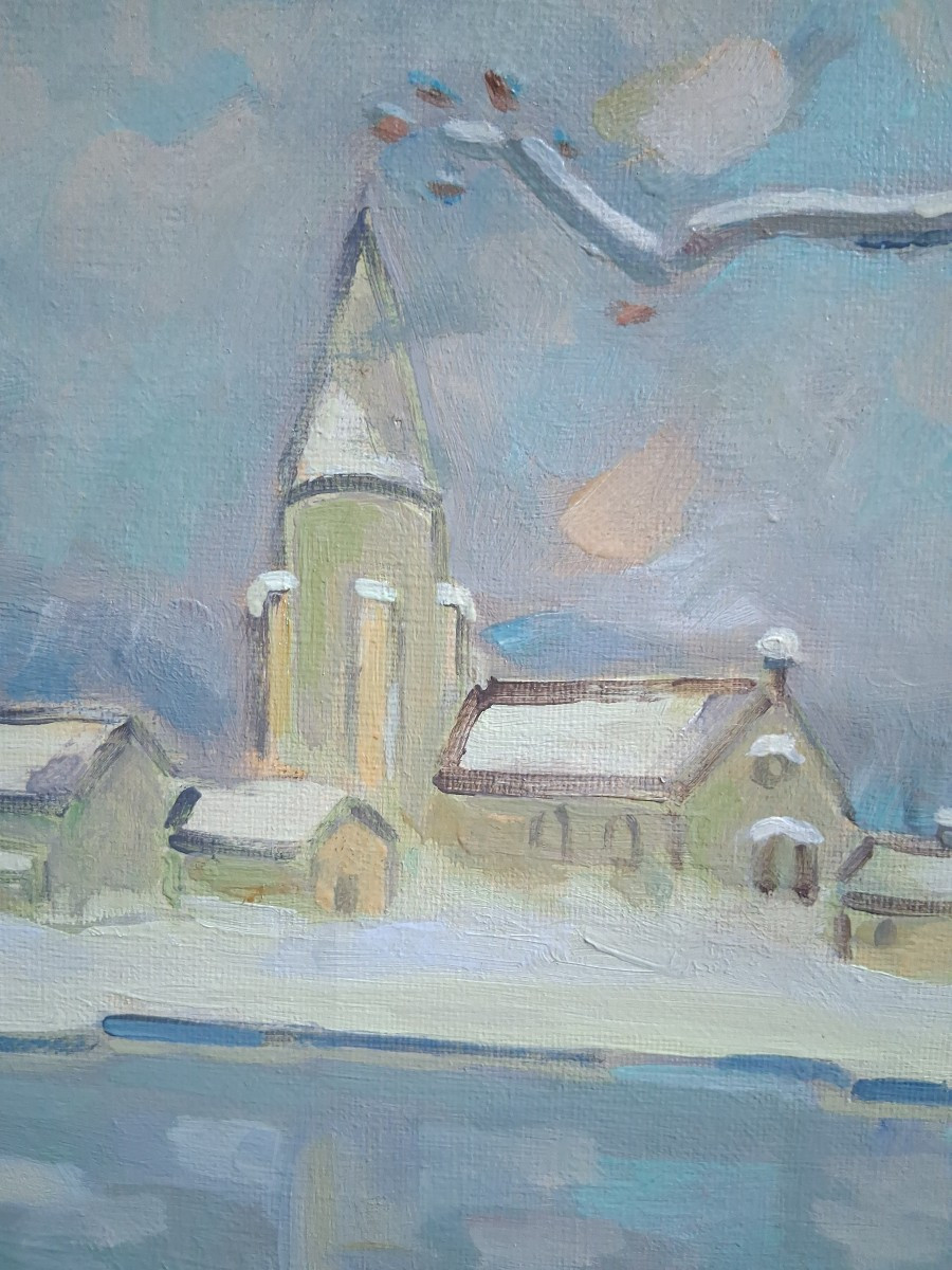 Jean Dumoncept "winter In The Countryside" Winter Lakeside Landscape, Oil On Canvas-photo-4