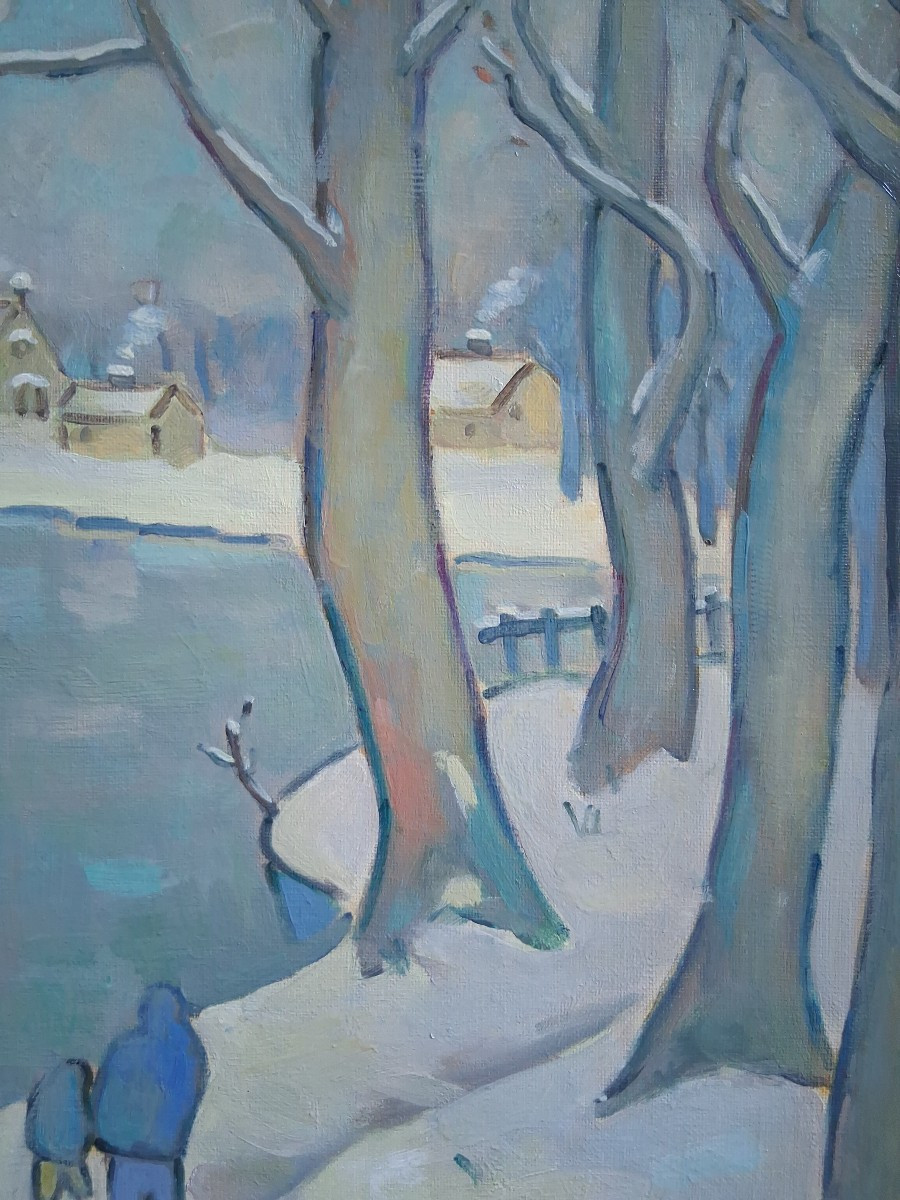 Jean Dumoncept "winter In The Countryside" Winter Lakeside Landscape, Oil On Canvas-photo-5