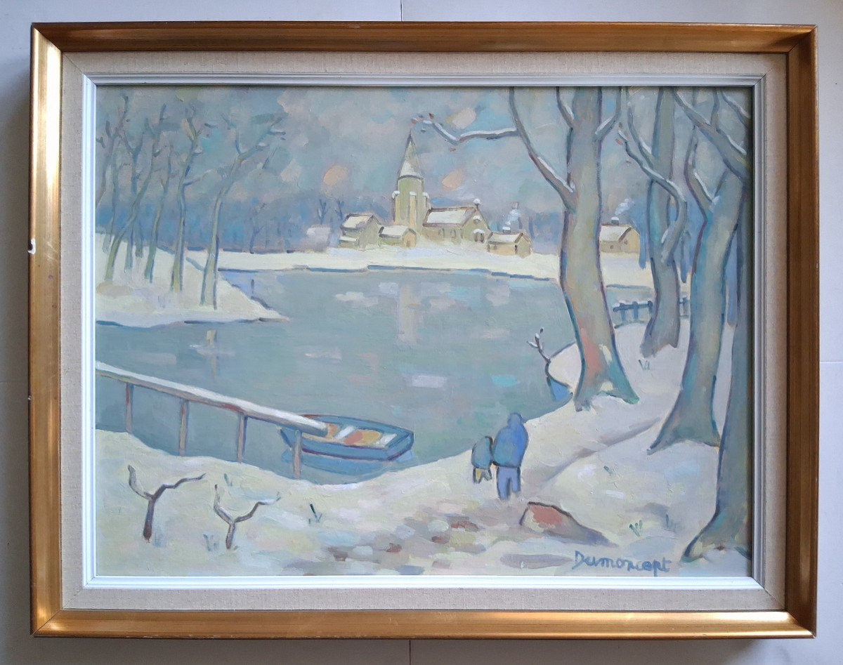 Jean Dumoncept "winter In The Countryside" Winter Lakeside Landscape, Oil On Canvas