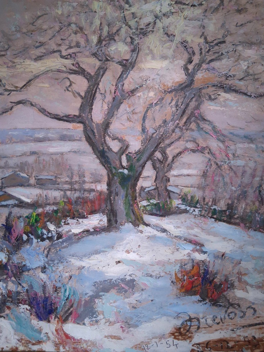 Jean Drevon (1889-1979) "chestnut Trees In The Snow" Oil On Wood, Snowy Winter Landscape-photo-1
