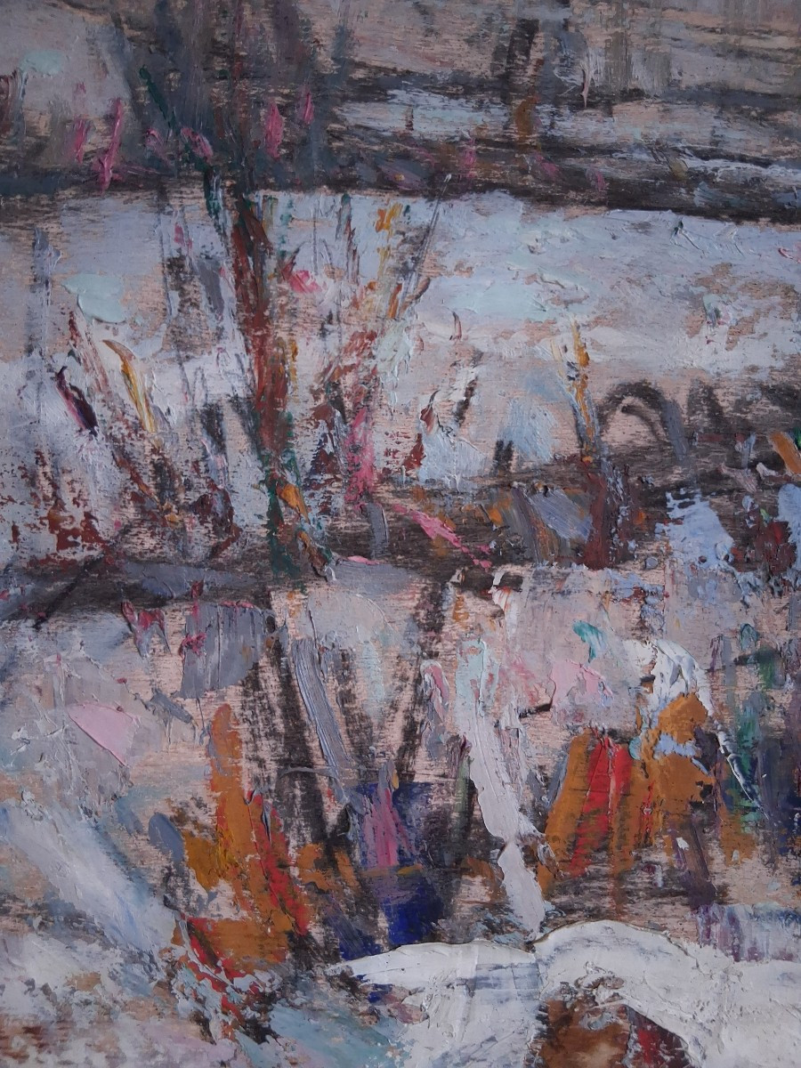 Jean Drevon (1889-1979) "chestnut Trees In The Snow" Oil On Wood, Snowy Winter Landscape-photo-2