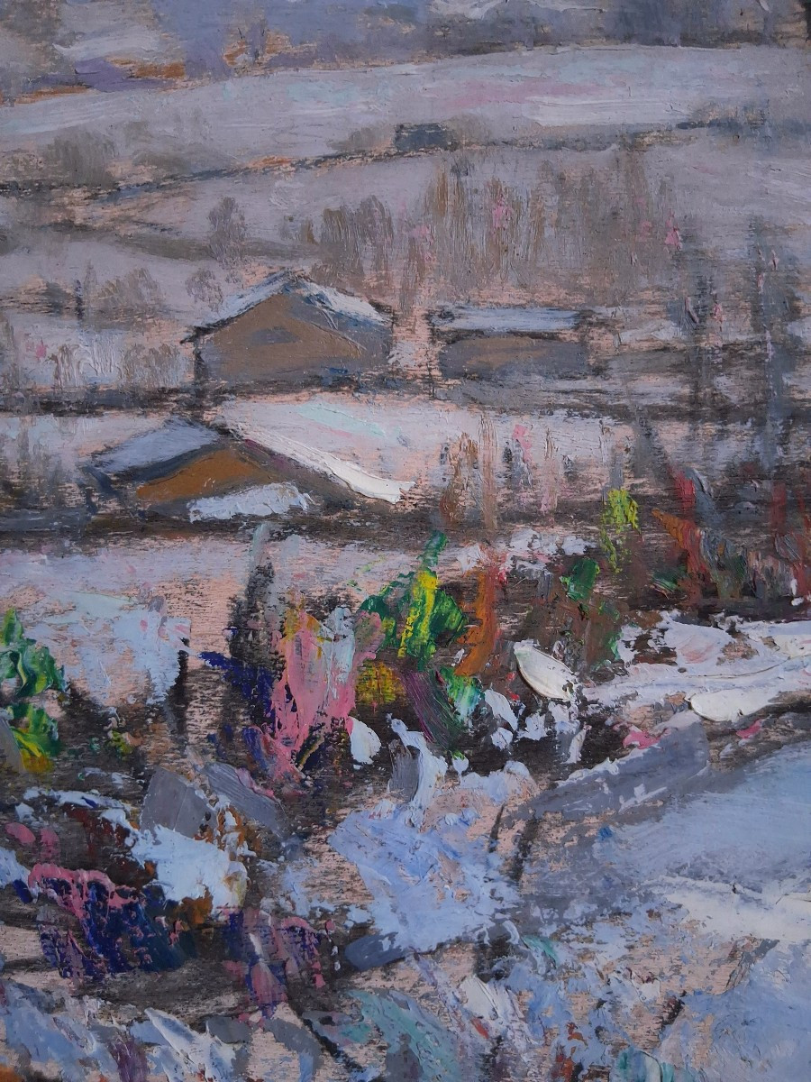 Jean Drevon (1889-1979) "chestnut Trees In The Snow" Oil On Wood, Snowy Winter Landscape-photo-3