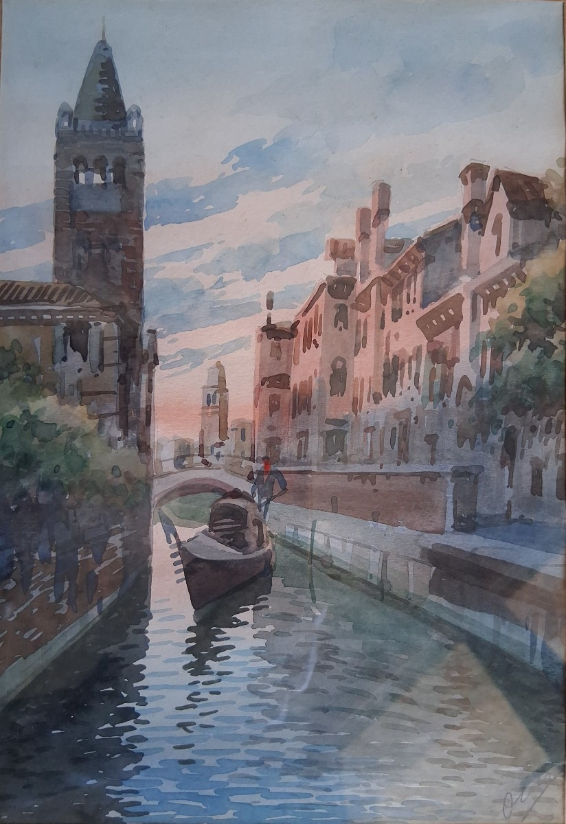 Aquarelle vue de Venise canal gondole-photo-2