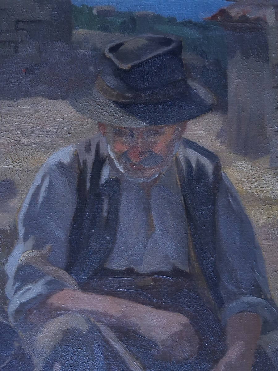 Henri ROCHE huile sur panneau portrait de vieux paysan-photo-2