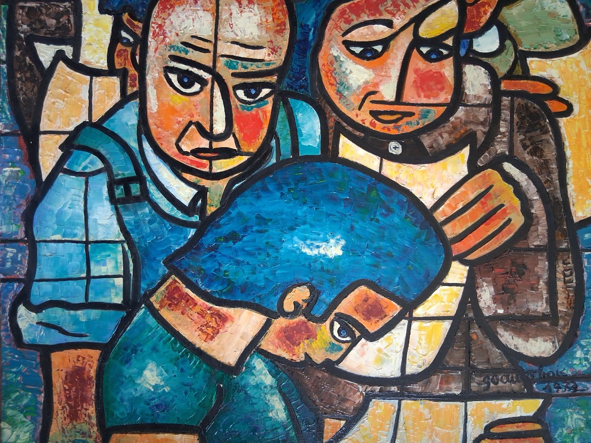 Huile sur toile "Les grévistes" 1973 (signé)-photo-2