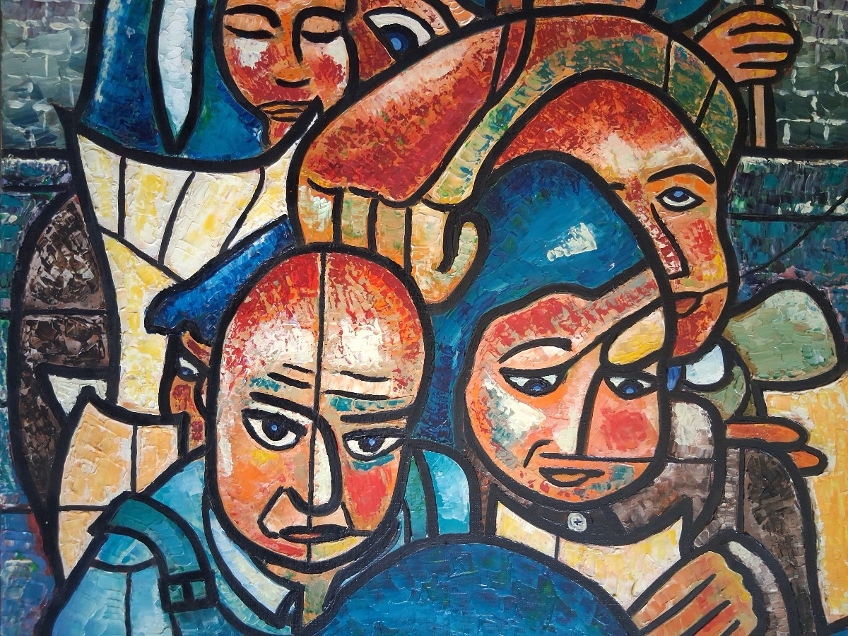 Huile sur toile "Les grévistes" 1973 (signé)-photo-3