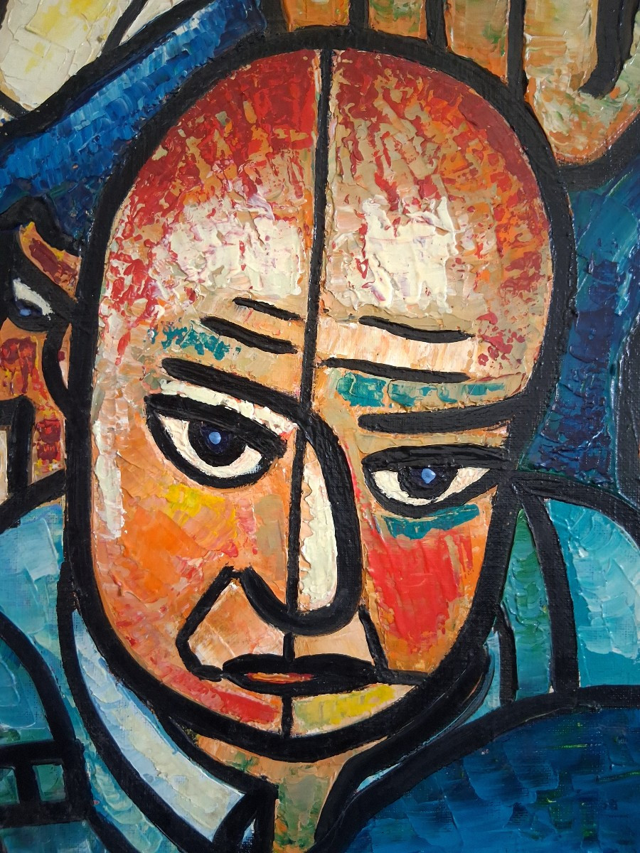 Huile sur toile "Les grévistes" 1973 (signé)-photo-2