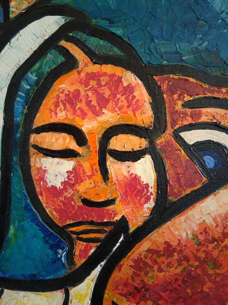 Huile sur toile "Les grévistes" 1973 (signé)-photo-4