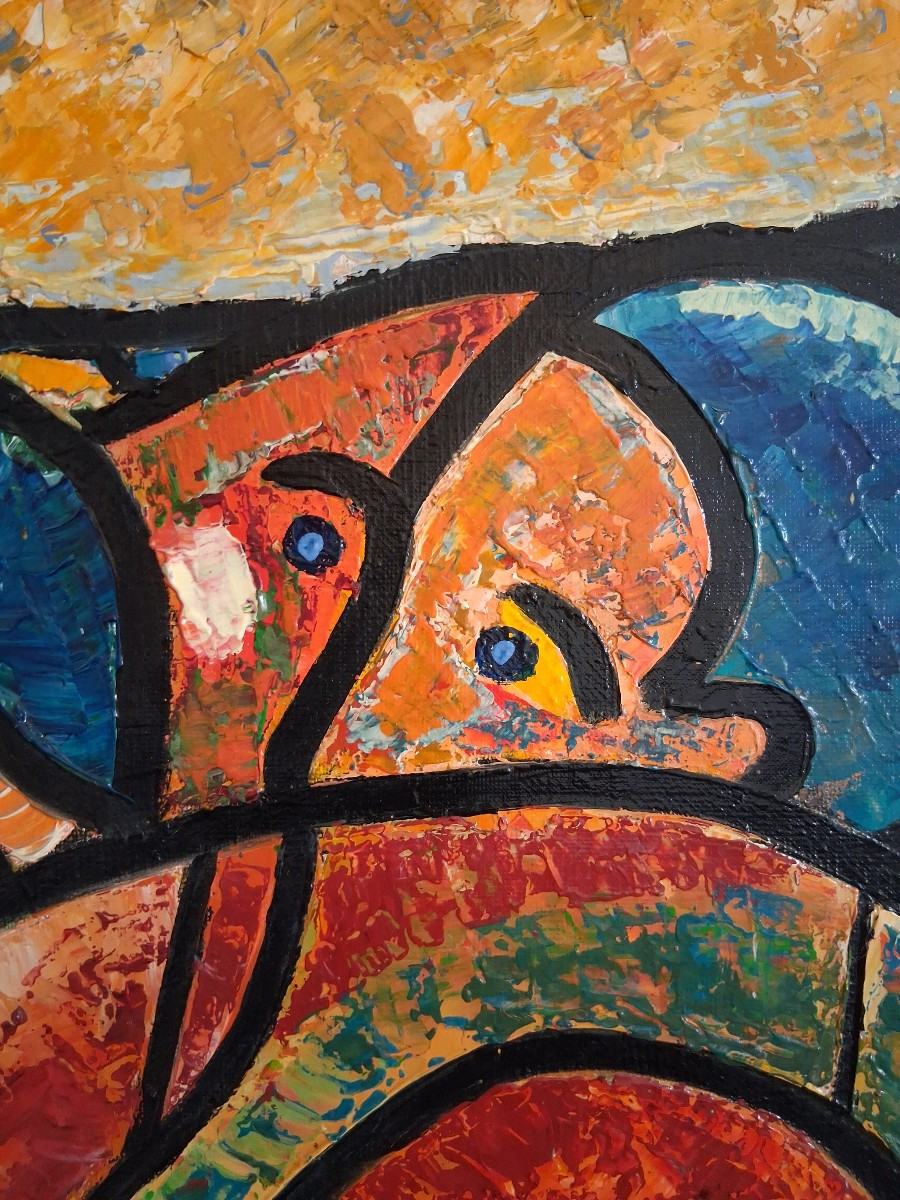 Huile sur toile "Les grévistes" 1973 (signé)-photo-5