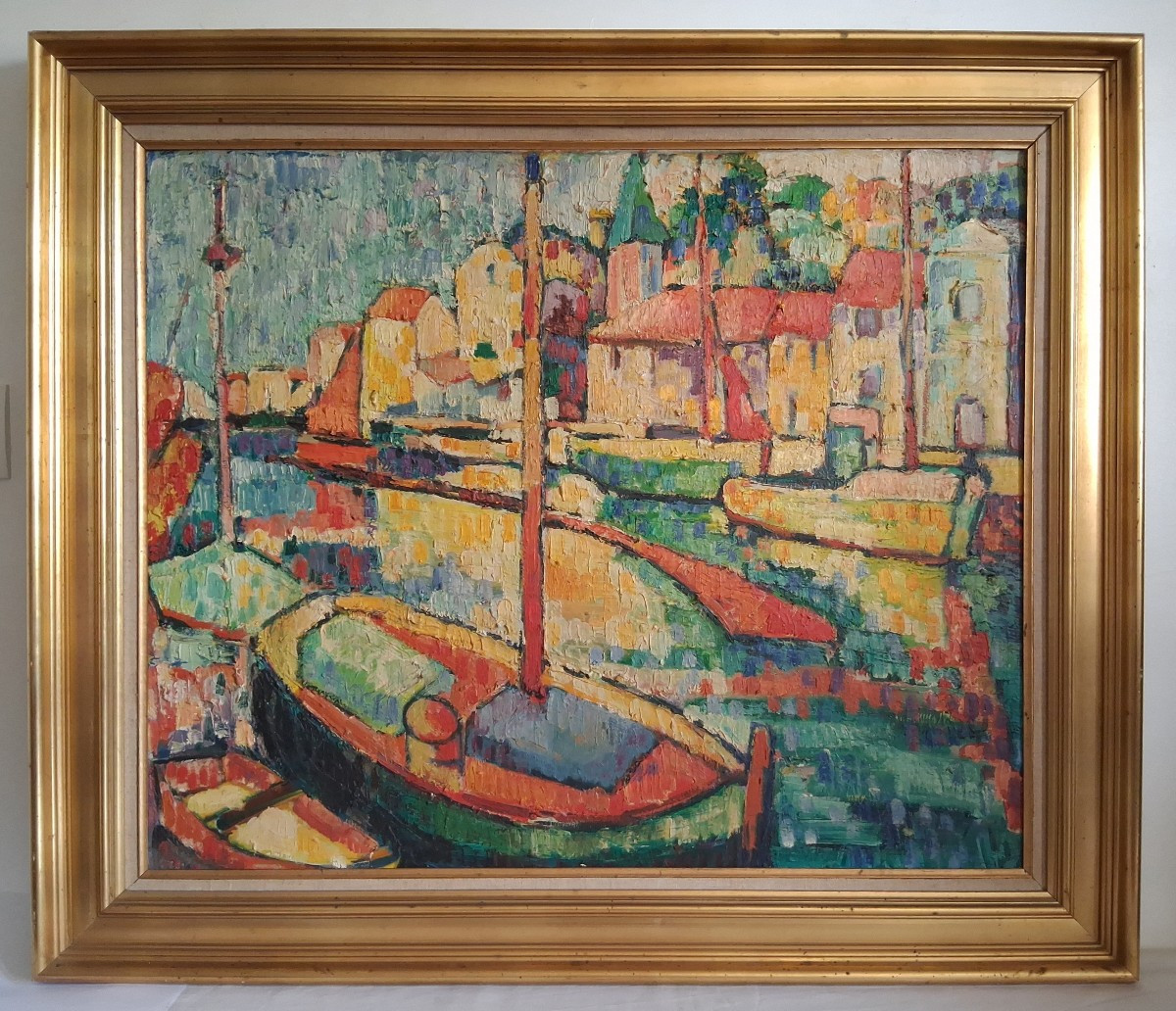 Oil On Canvas Marine Scene Harbor Boats At The Dock Louis Contier Known As Carelly