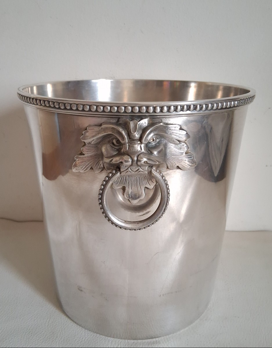 ERCUIS seau à champagne en métal argenté, têtes de chiens de Fô