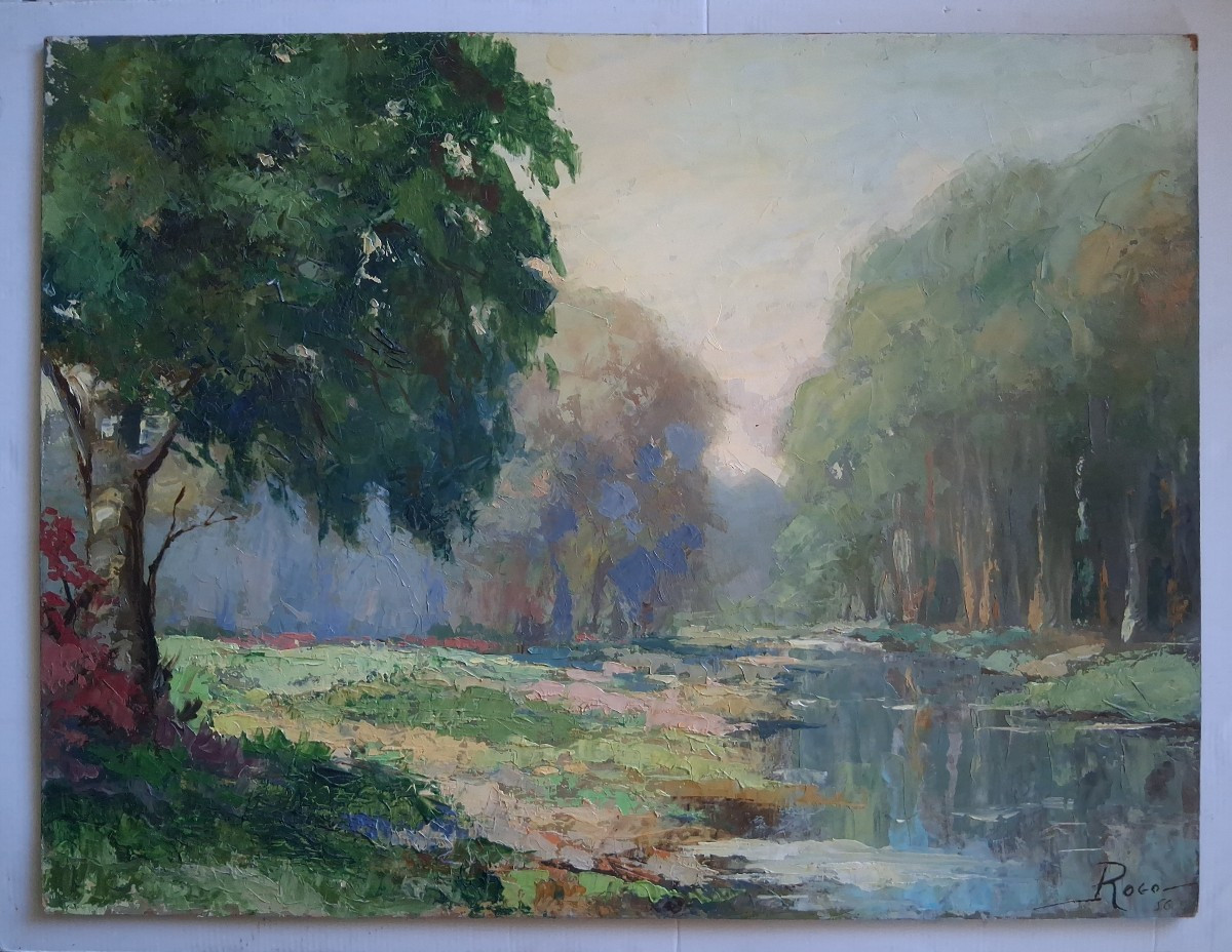 Oil On Panel, Landscape By The River, Rogo 1956-photo-2