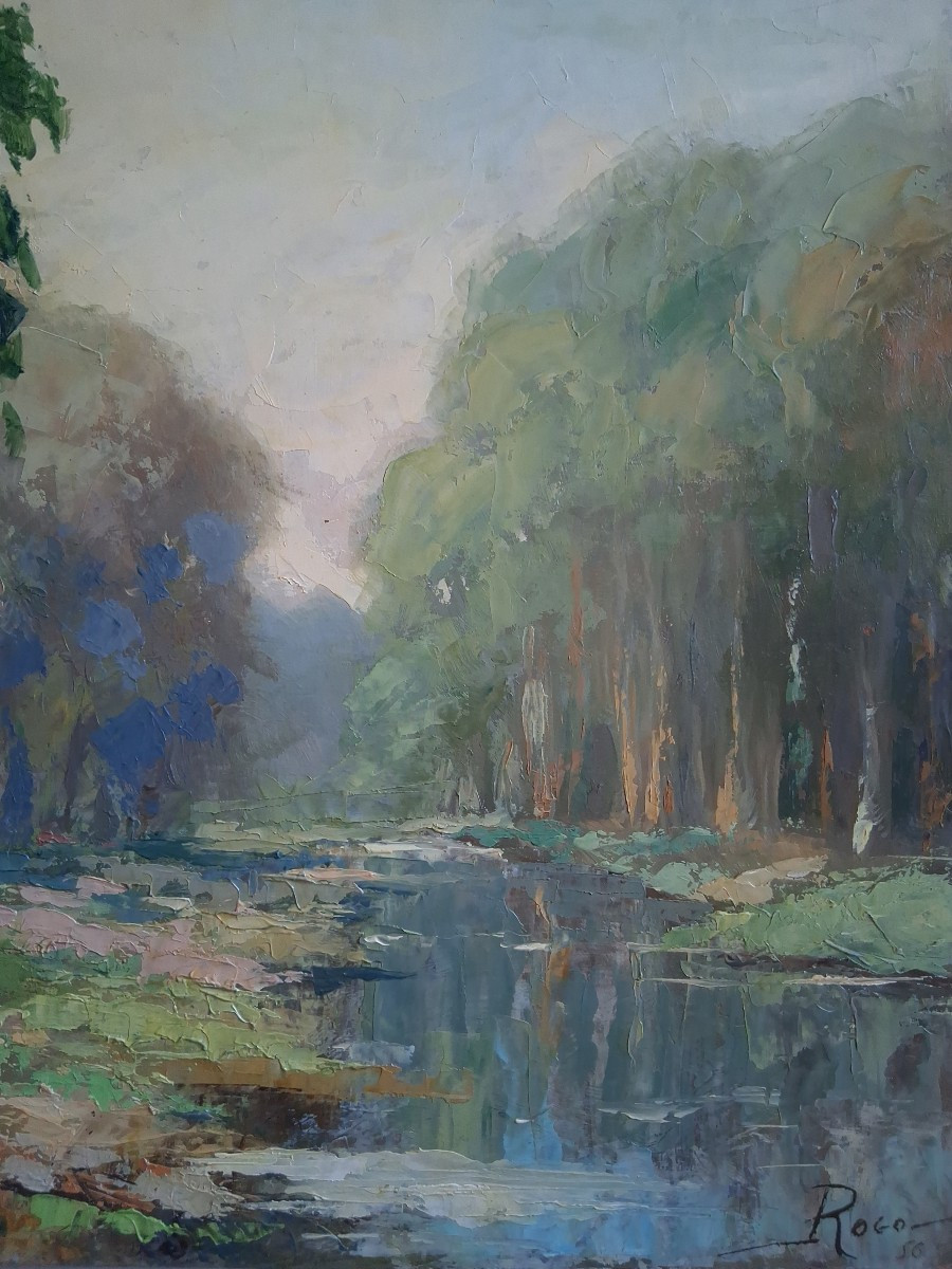 Oil On Panel, Landscape By The River, Rogo 1956-photo-4