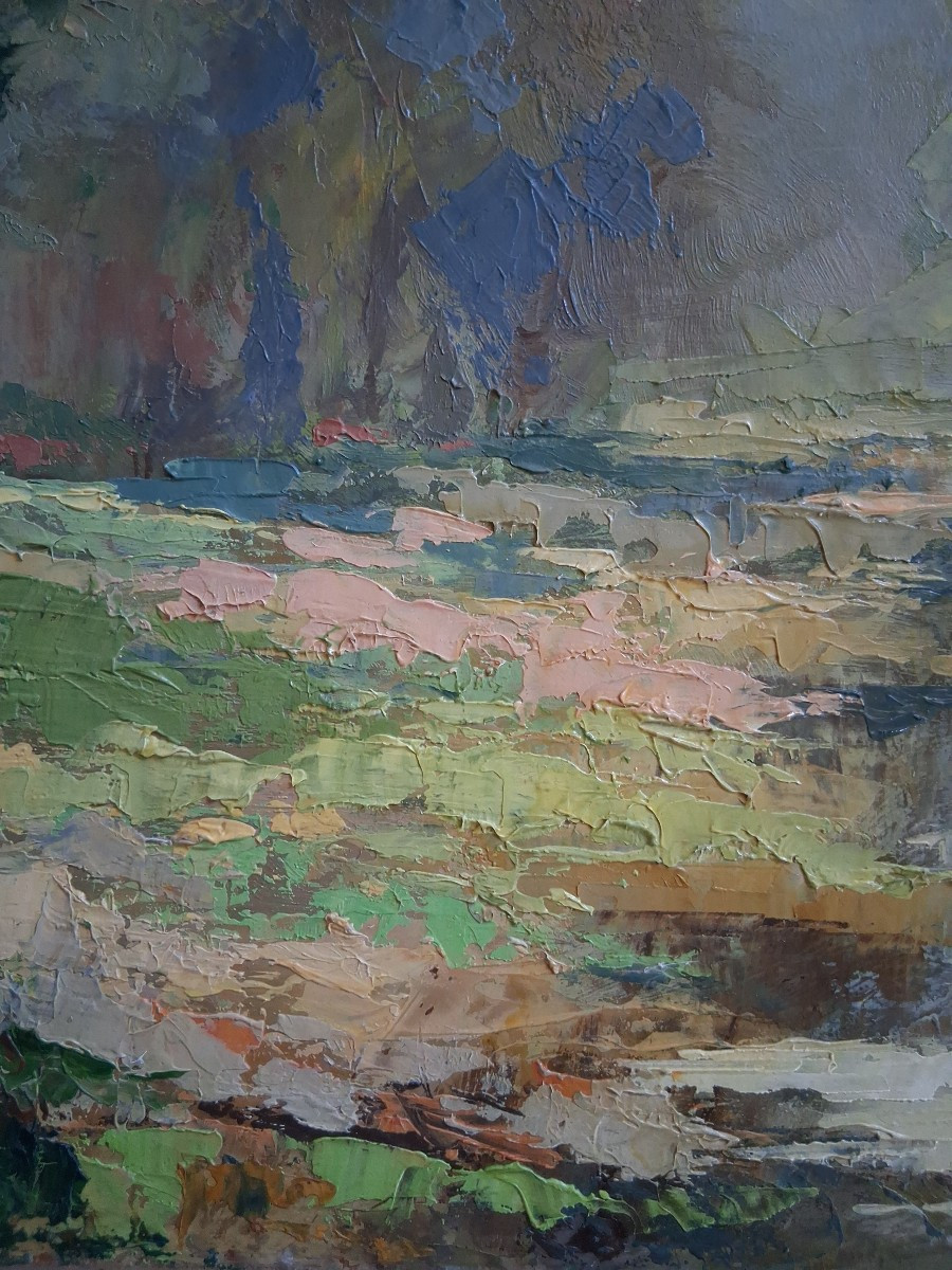 Oil On Panel, Landscape By The River, Rogo 1956-photo-2
