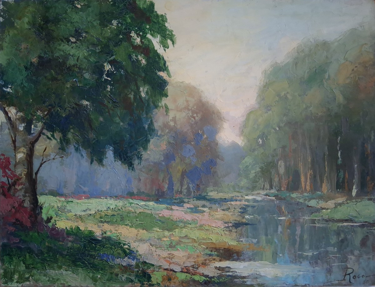 Oil On Panel, Landscape By The River, Rogo 1956