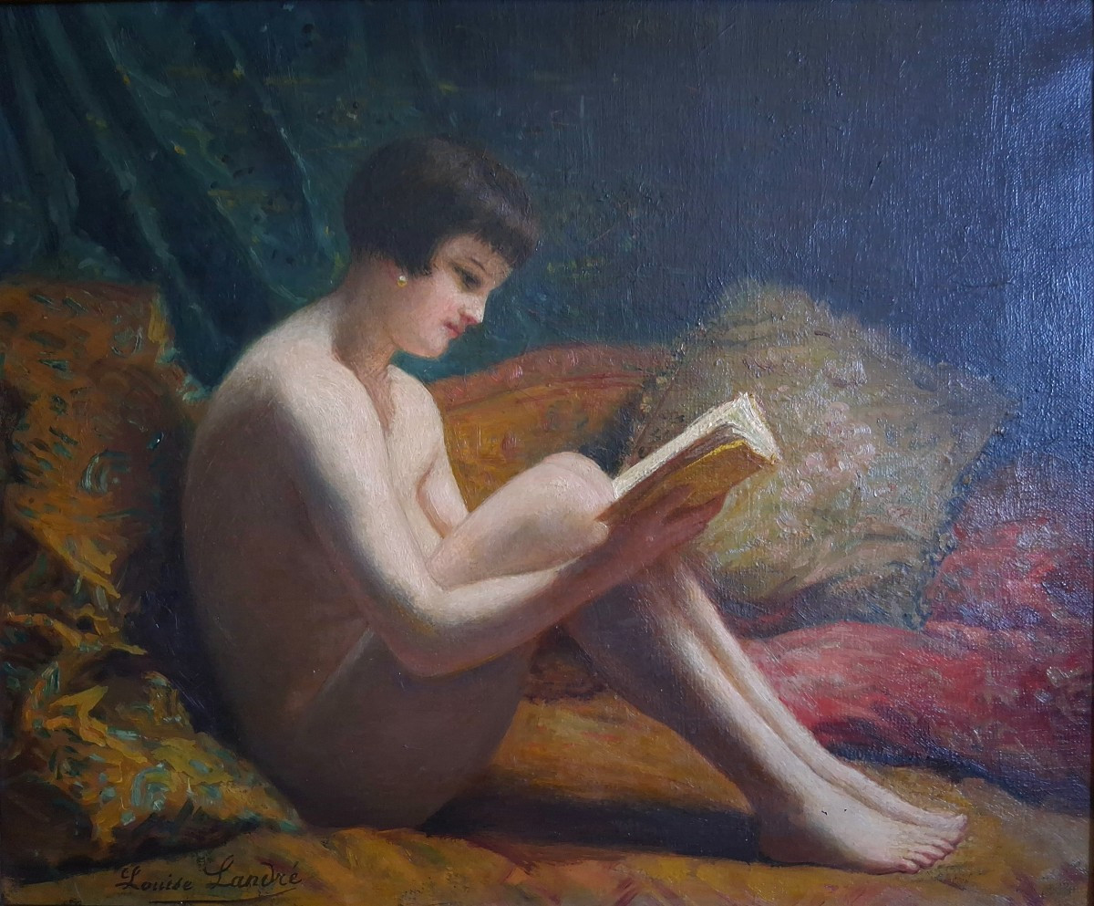 Louise Landré (1852-1934) Portrait Female Nude Reading, Oil On Canvas-photo-2