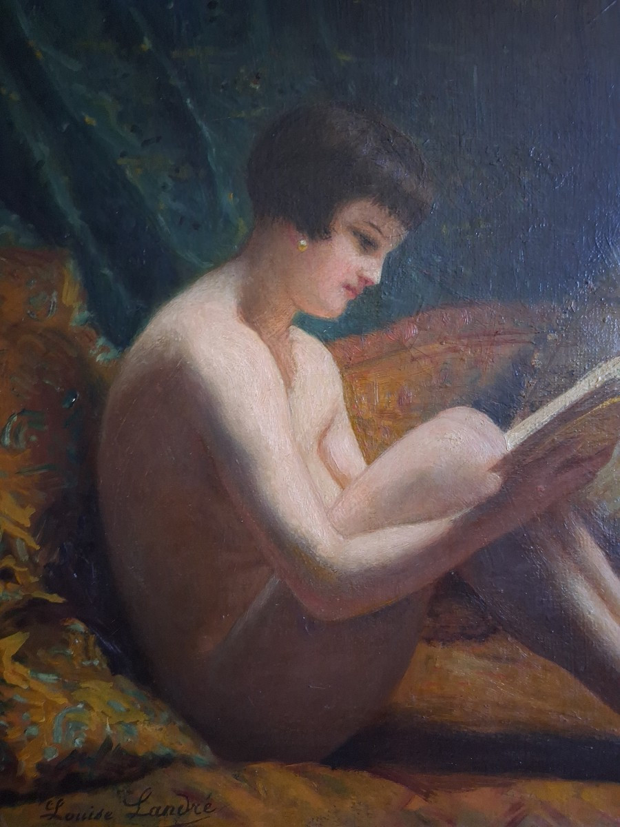 Louise Landré (1852-1934) Portrait Female Nude Reading, Oil On Canvas-photo-3